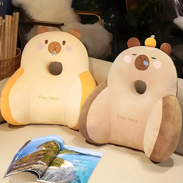 Capybara Cartoon Polyester Back & Seat Cushion with Middle Hole - Machine Washable, Lightweight, Medium Soft Firmness for Whole Body Support - Office, Sofa, Car Use (Beige)