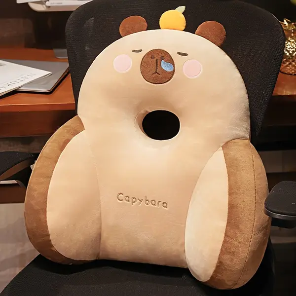 Capybara Cartoon Polyester Back & Seat Cushion with Middle Hole - Machine Washable, Lightweight, Medium Soft Firmness for Whole Body Support - Office, Sofa, Car Use (Beige)