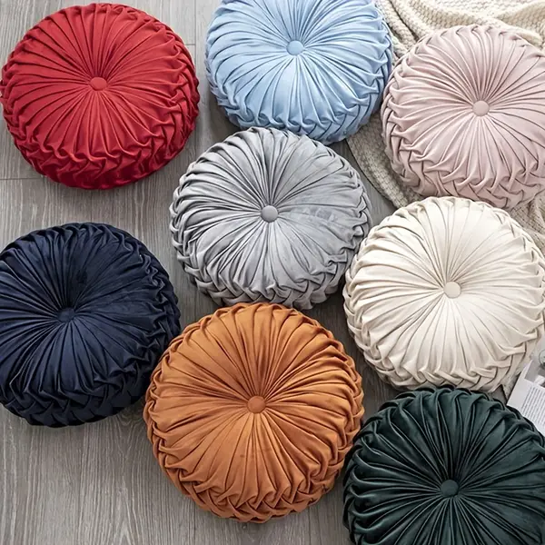 2pcs Scandinavian Style Velvet Solid Color Round Ruffled Pillow, Home Outdoor Pumpkin Pillow Sofa Car Cushion Floor Cushion Home Decoration (38*10cm F14.96*3.94in)